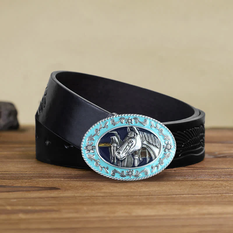 Men's DIY Horse Head Saddle Enameled Buckle Leather Belt - Image 4