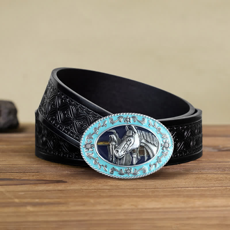 Men's DIY Horse Head Saddle Enameled Buckle Leather Belt - Image 5