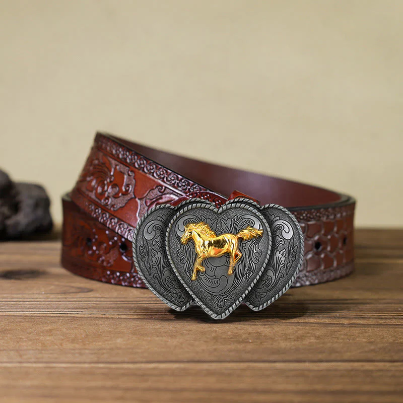 Men's DIY Horse Triple Heart Shaped Buckle Leather Belt - Image 10