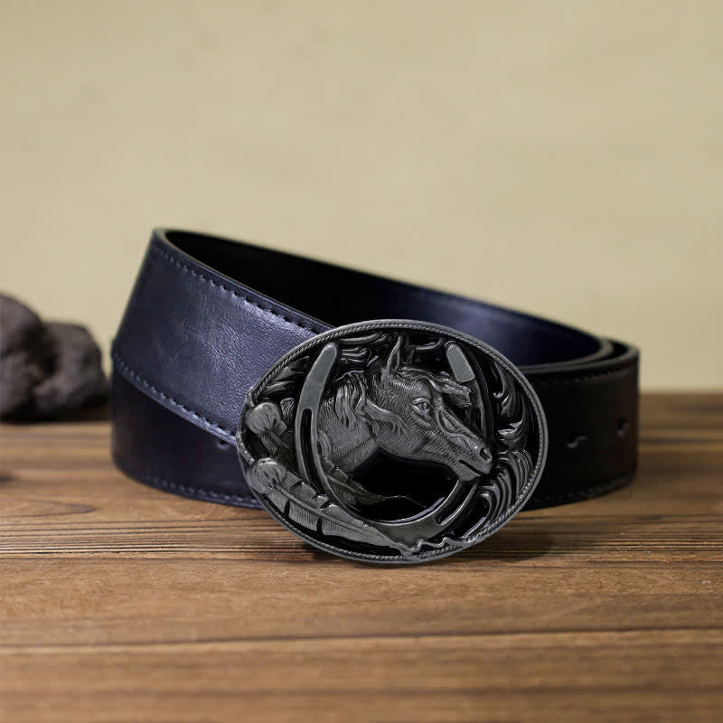 Men's DIY Horseshoe Black Enamel Buckle Leather Belt - Image 4
