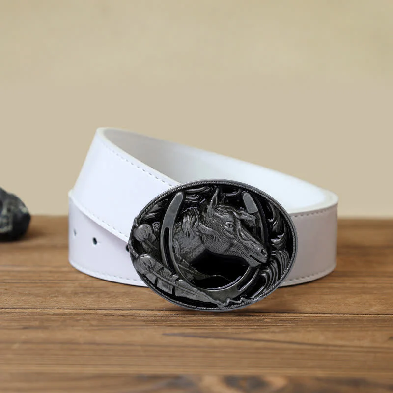 Men's DIY Horseshoe Black Enamel Buckle Leather Belt - Image 6