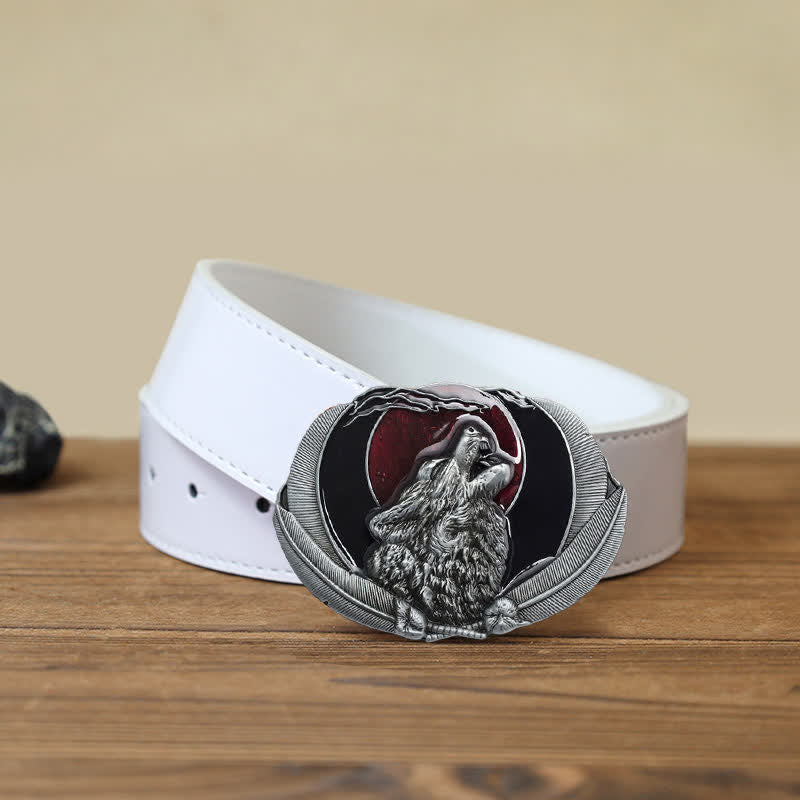Men's DIY Howling Wolf Moon Oval Buckle Leather Belt - Image 9