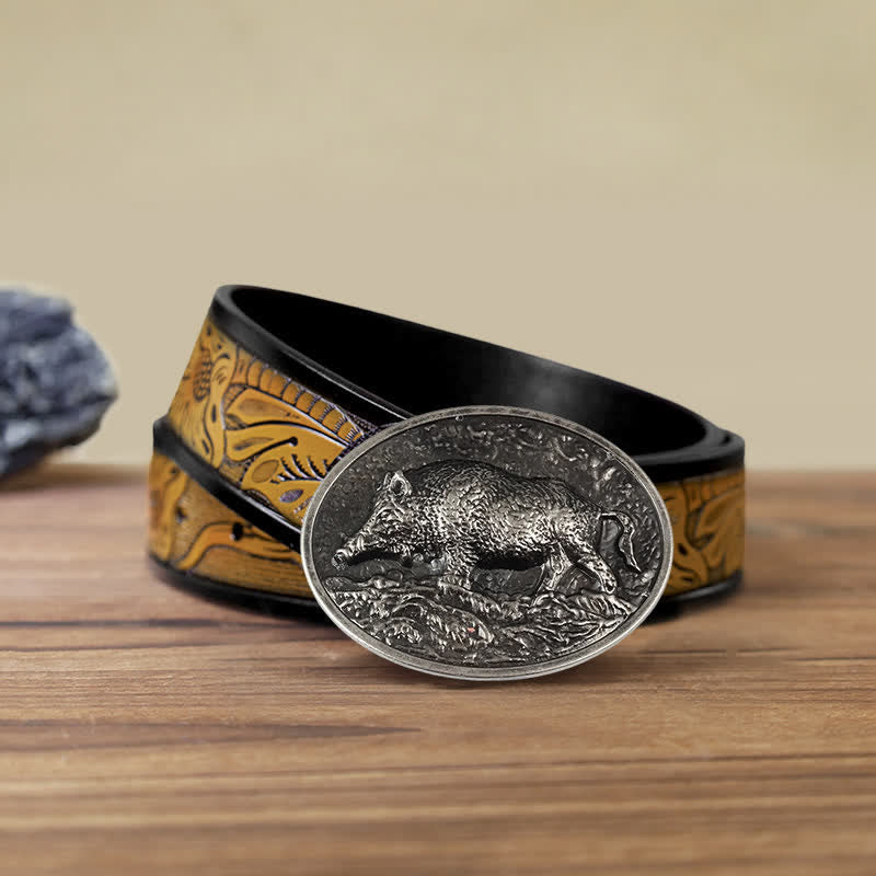 Men's DIY Hunter Wild Boar Buckle Leather Belt - Image 19