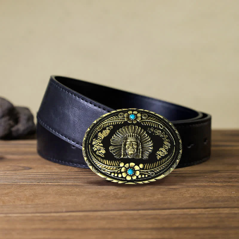 Men's DIY Indian Chief Turquoise Buckle Leather Belt - Image 4
