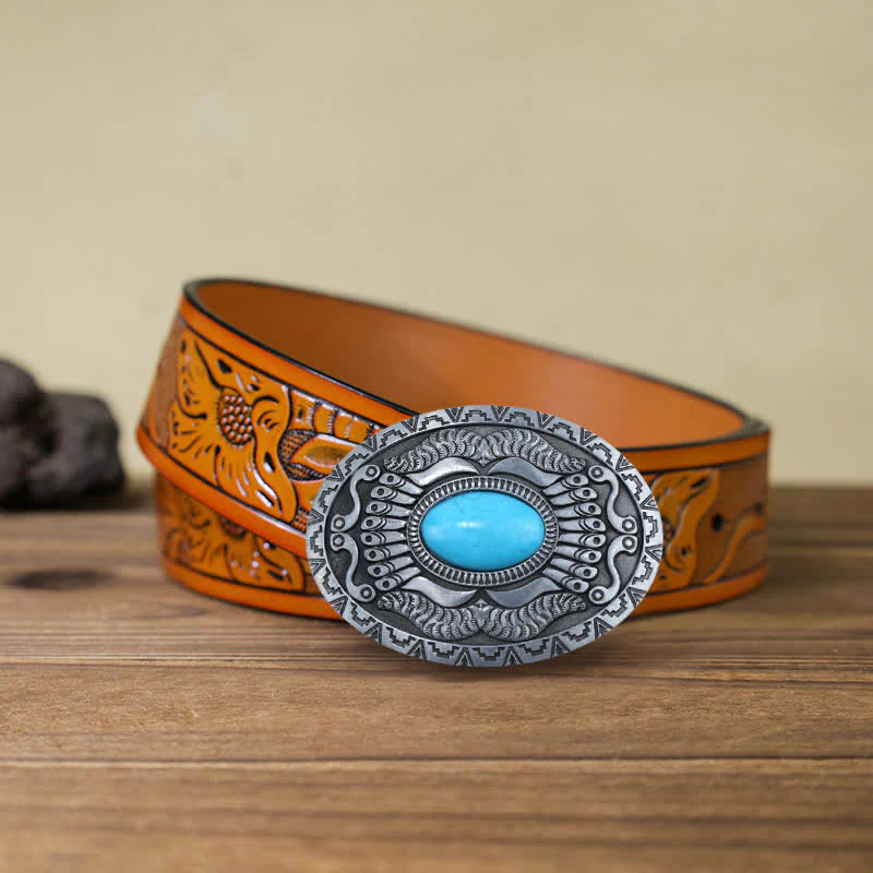 Men's DIY Indian Shield Turquoise Buckle Leather Belt - Image 10
