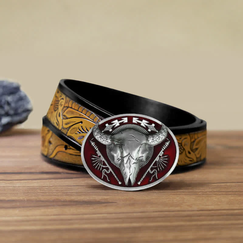 Men's DIY Indian Theme Bull Skull Buckle Leather Belt - Image 15