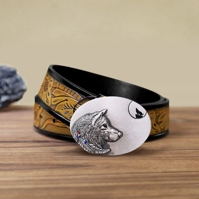 Men's DIY Indian Wolf Buckle Leather Belt - Image 9
