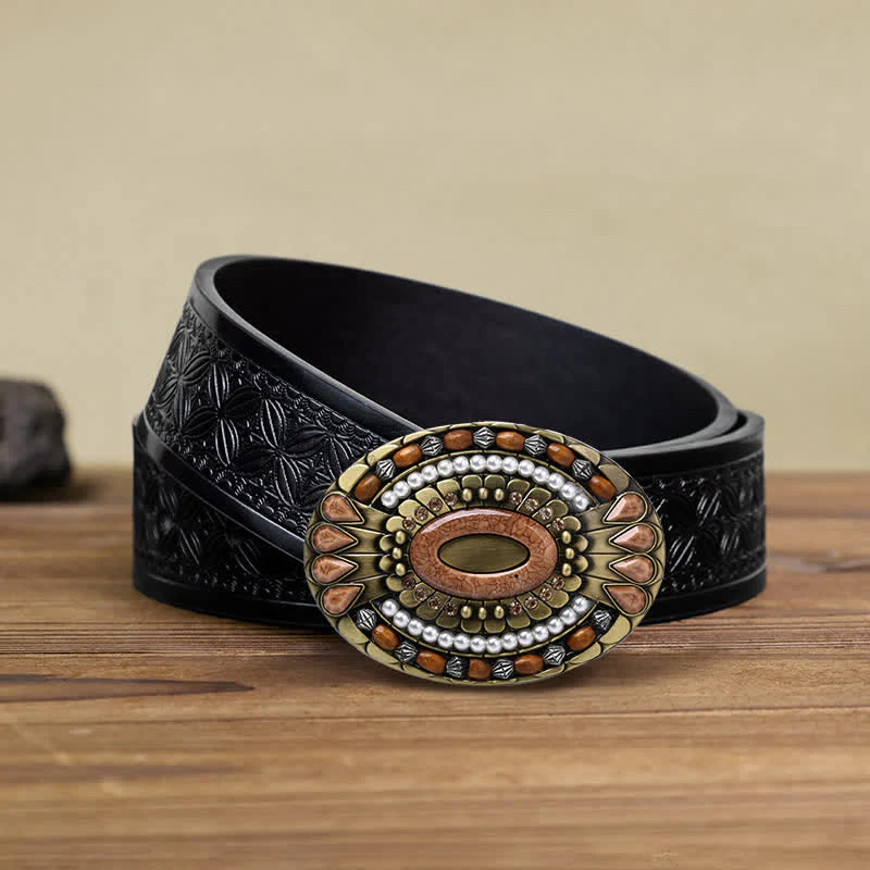 Men's DIY Indian Wood Bead Buckle Leather Belt - Image 15