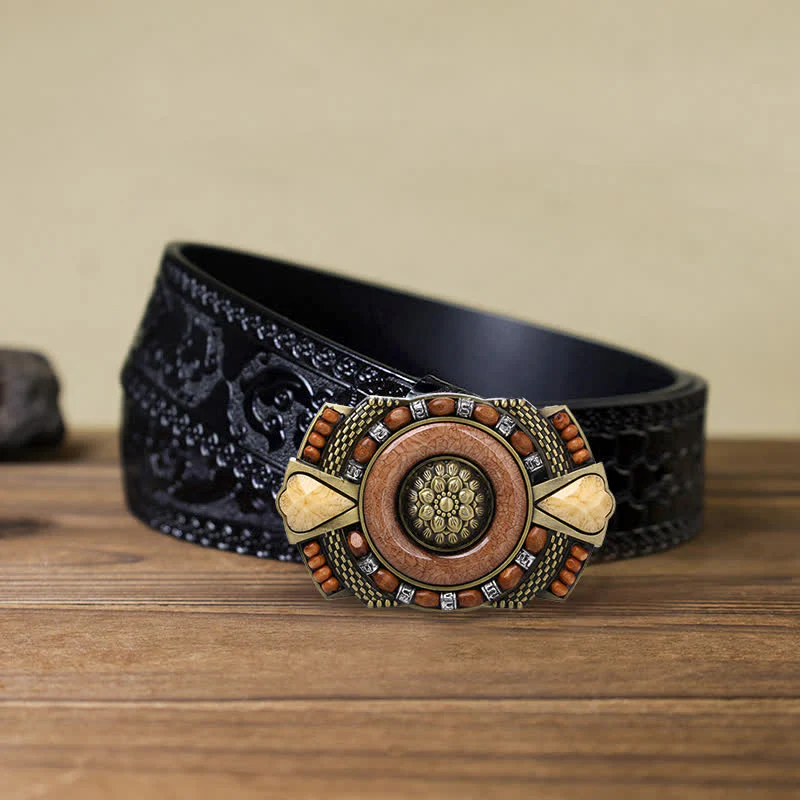 Men's DIY Indian Wood Bead Buckle Leather Belt - Image 7