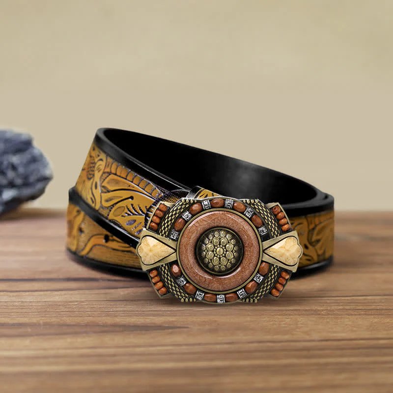 Men's DIY Indian Wood Bead Buckle Leather Belt - Image 9