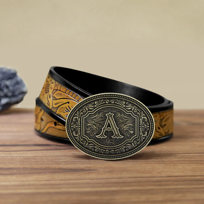 Men's DIY Initial Letter Patterned Buckle Leather Belt - Image 14