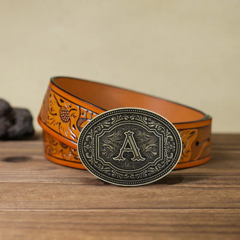 Men's DIY Initial Letter Patterned Buckle Leather Belt - Image 16