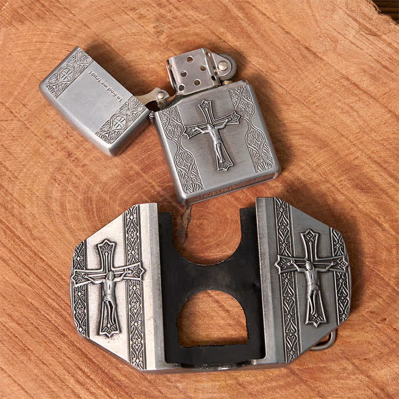 Men's DIY Jesus Cross Leather Belt with Hidden Lighter - Image 4