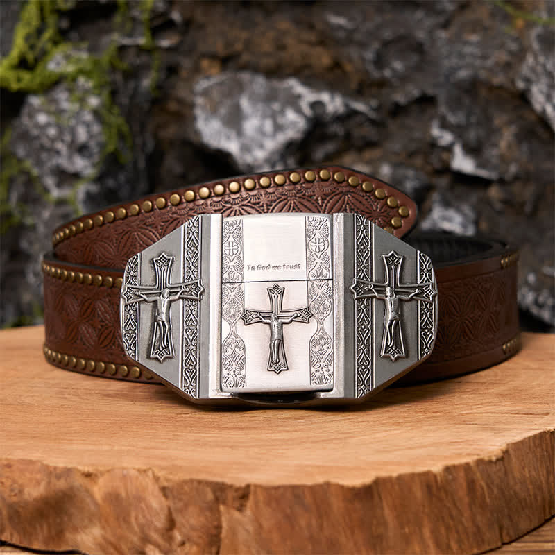 Men's DIY Jesus Cross Leather Belt with Hidden Lighter - Image 7
