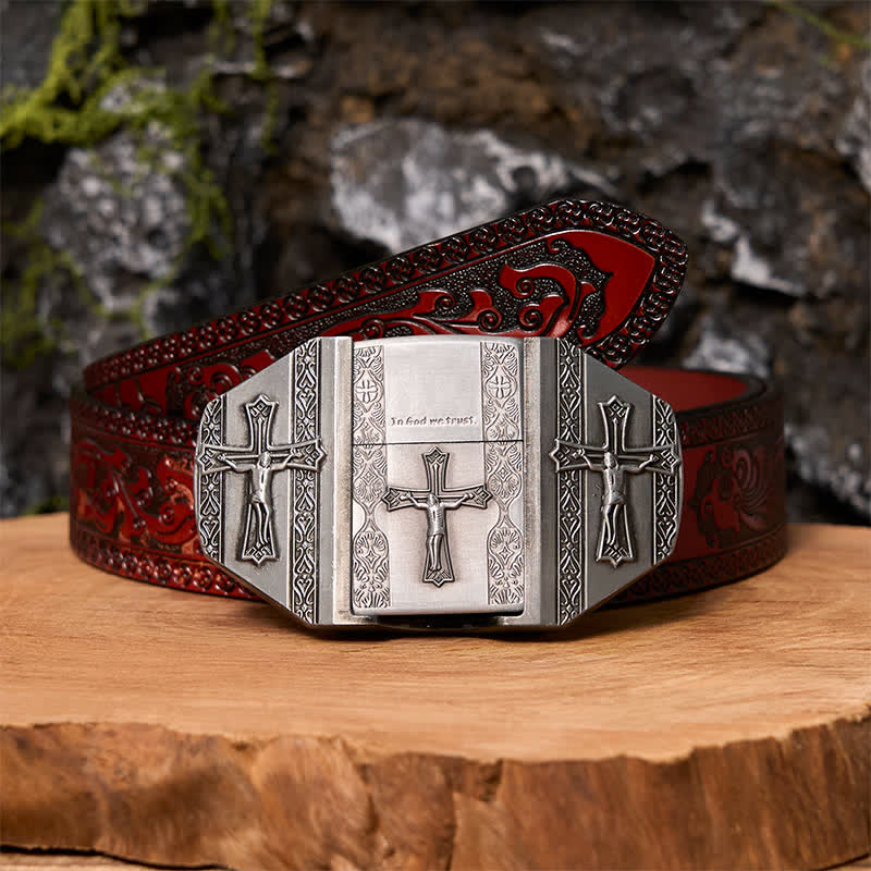 Men's DIY Jesus Cross Leather Belt with Hidden Lighter - Image 9