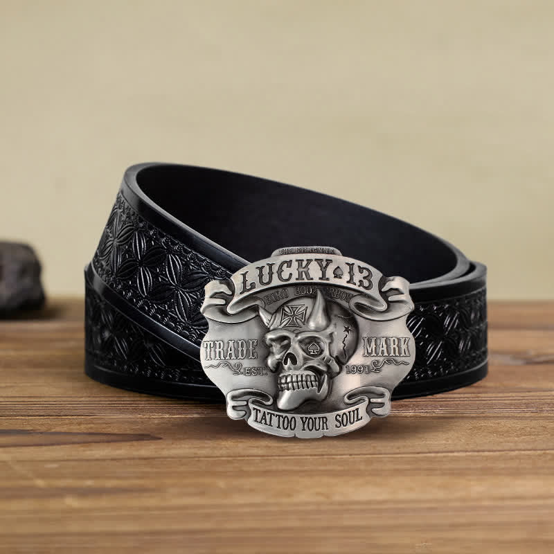 Men's DIY King Of Fools Lucky 13 Buckle Leather Belt - Image 16