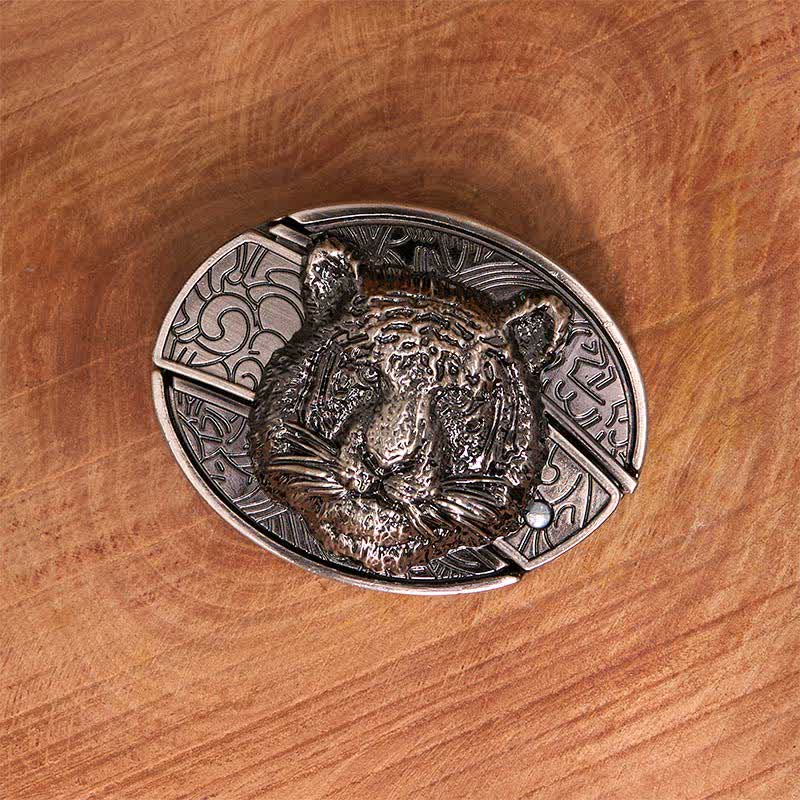 Men's DIY Leopard Head Hidden Folding Knife Leather Belt - Image 4