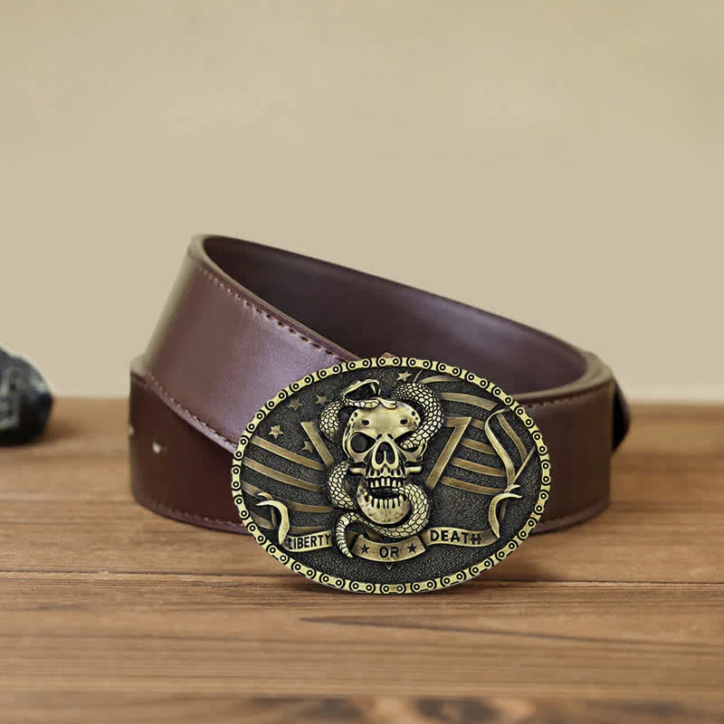 Men's DIY "Liberty or Death" Snake Skull Buckle Leather Belt - Image 14