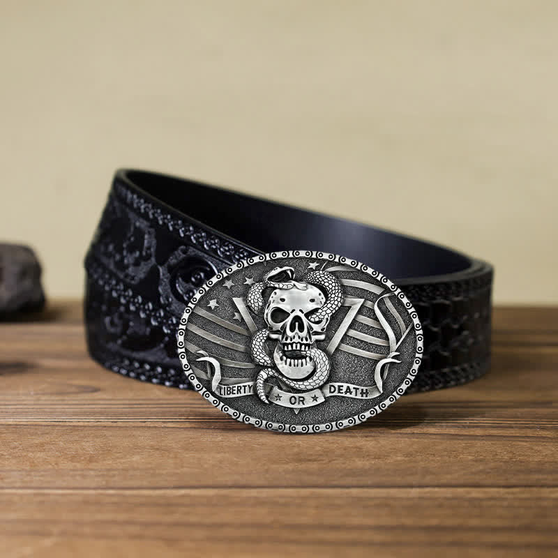 Men's DIY "Liberty or Death" Snake Skull Buckle Leather Belt - Image 16