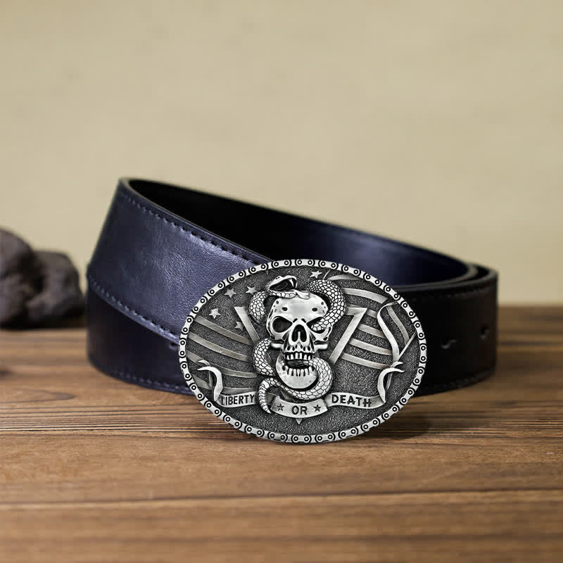 Men's DIY "Liberty or Death" Snake Skull Buckle Leather Belt - Image 7