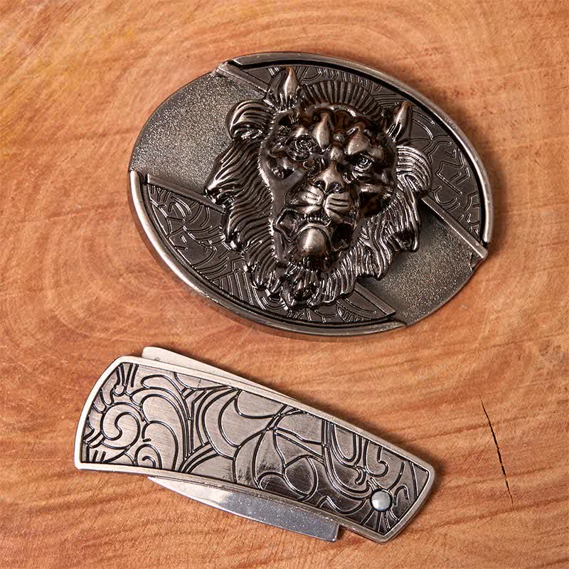 Men's DIY Lion Insignia Hidden Folding Knife Leather Belt - Image 3