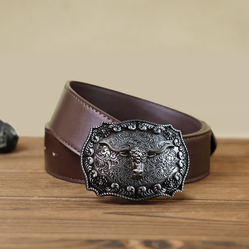 Men's DIY Longhorn Bull Antiqued Silver Buckle Leather Belt - Image 11