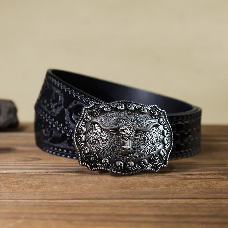 Men's DIY Longhorn Bull Antiqued Silver Buckle Leather Belt - Image 14