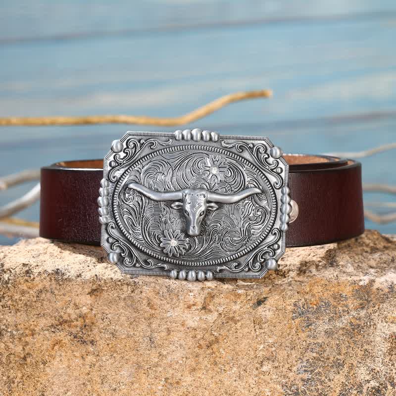 Men's DIY Longhorn Bull Head Buckle Leather Belt - Image 4