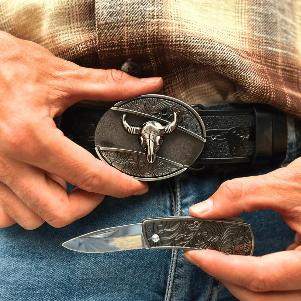 Men's DIY Longhorn Bull Hidden Folding Knife Leather Belt - Image 6