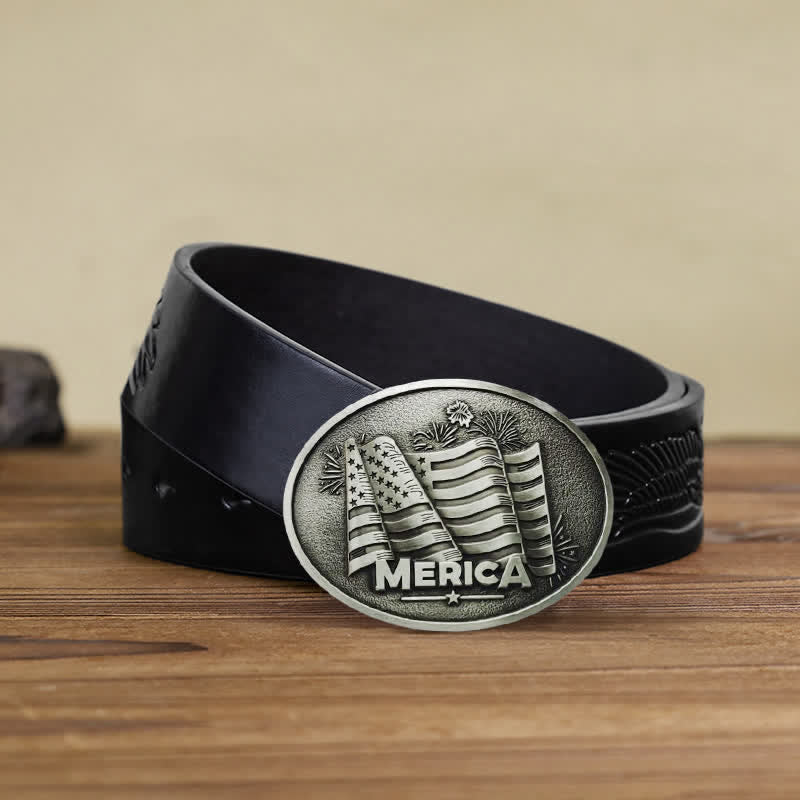 Men's DIY Native American Flag Texas Style Buckle Leather Belt - Image 3
