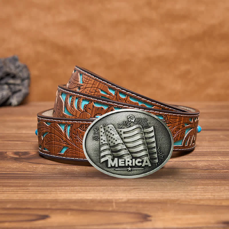 Men's DIY Native American Flag Texas Style Buckle Leather Belt - Image 4