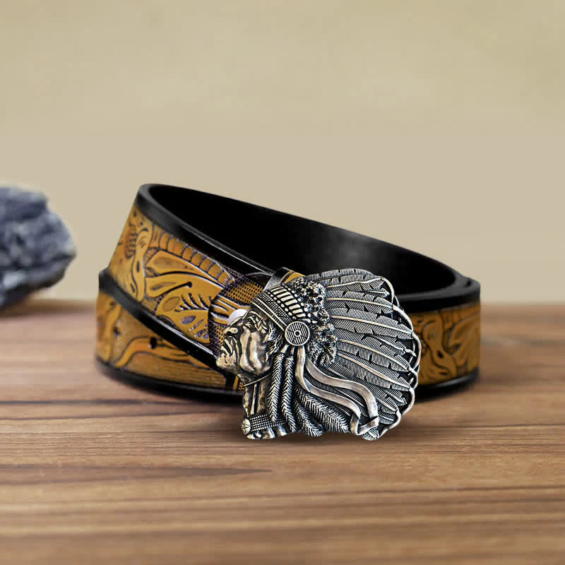 Men's DIY Native Chief Head Buckle Leather Belt - Image 10