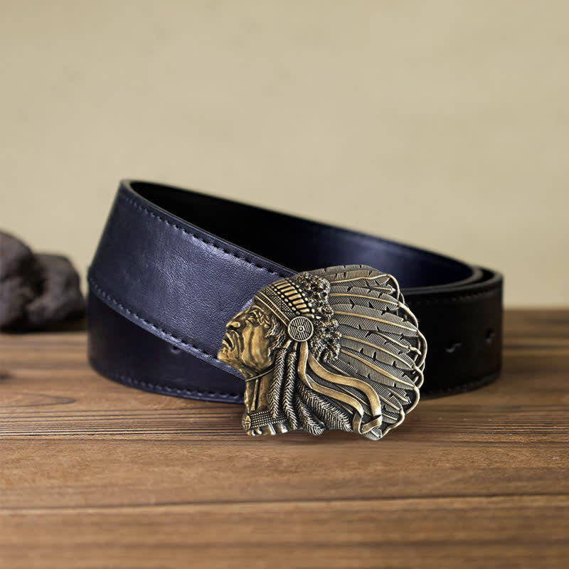 Men's DIY Native Chief Head Buckle Leather Belt - Image 15