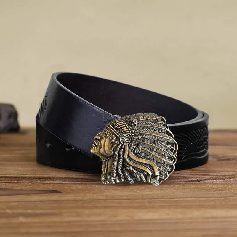 Men's DIY Native Chief Head Buckle Leather Belt - Image 16