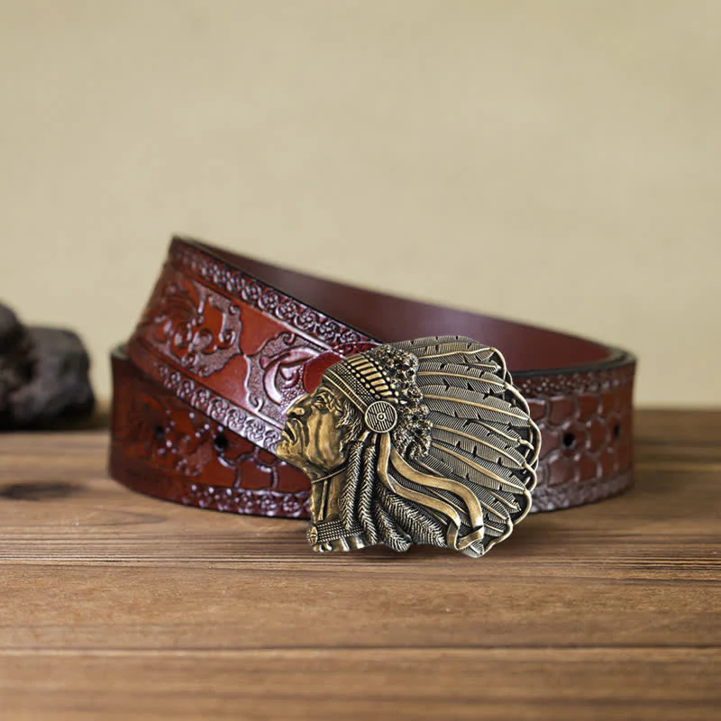 Men's DIY Native Chief Head Buckle Leather Belt - Image 19