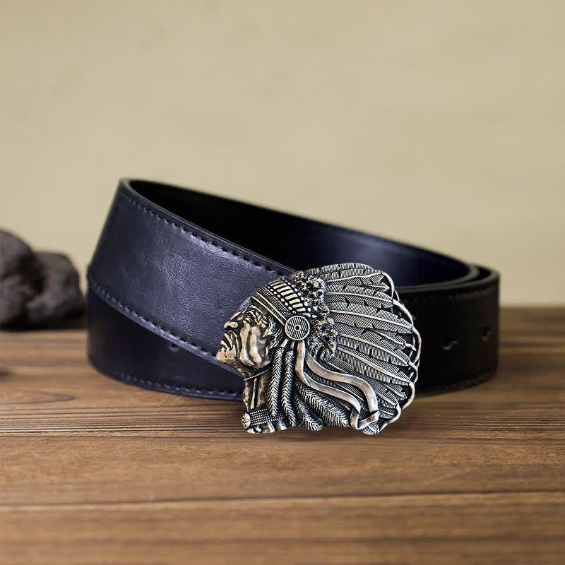 Men's DIY Native Chief Head Buckle Leather Belt - Image 5