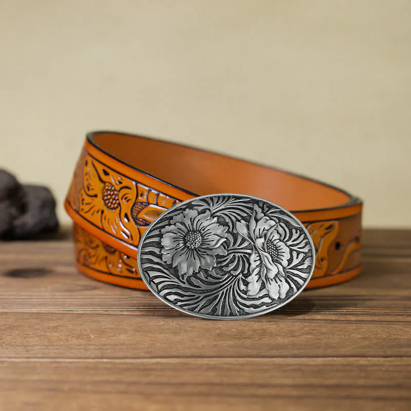 Men's DIY Oval Western Floral Buckle Leather Belt - Image 10