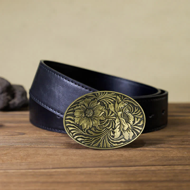 Men's DIY Oval Western Floral Buckle Leather Belt - Image 12