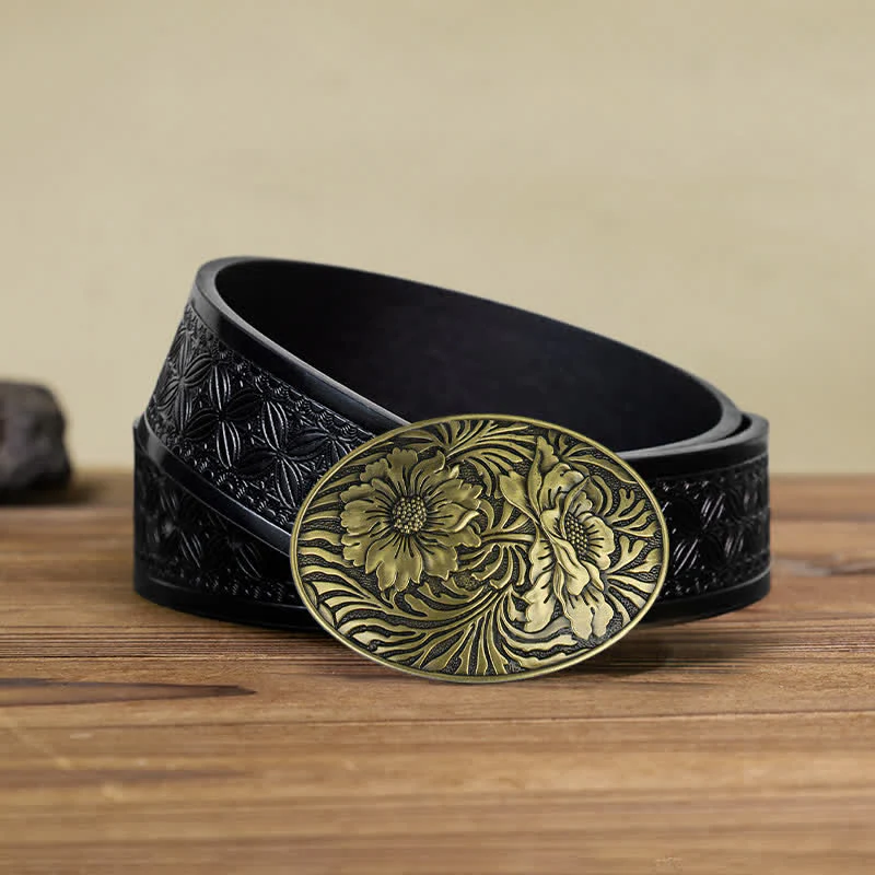 Men's DIY Oval Western Floral Buckle Leather Belt - Image 14