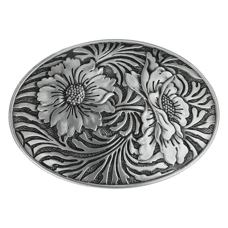 Men's DIY Oval Western Floral Buckle Leather Belt - Image 2