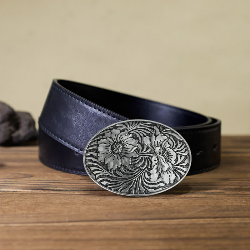 Men's DIY Oval Western Floral Buckle Leather Belt - Image 4