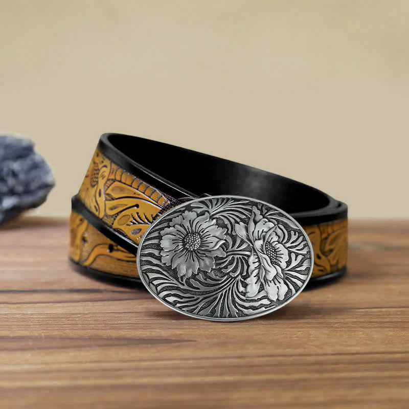 Men's DIY Oval Western Floral Buckle Leather Belt - Image 9