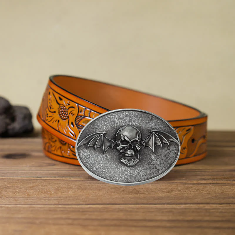 Men's DIY Punk Bat Wings Skull Buckle Leather Belt - Image 17