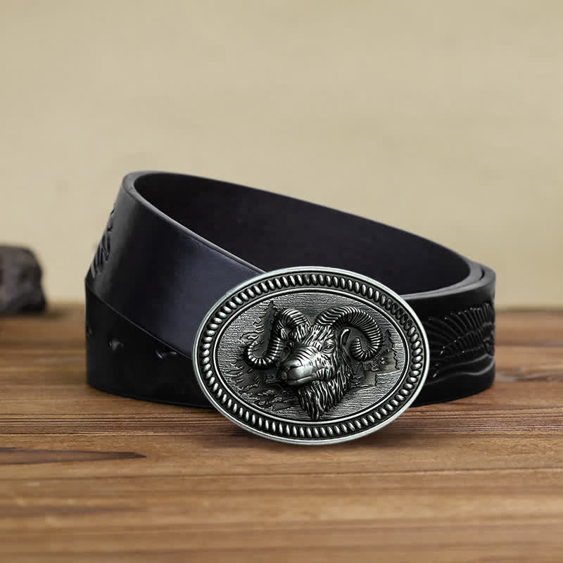 Men's DIY Ram Goat Head Western Buckle Leather Belt - Image 5