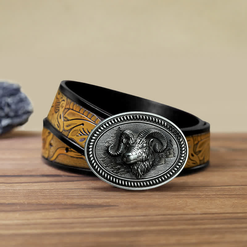 Men's DIY Ram Goat Head Western Buckle Leather Belt - Image 9