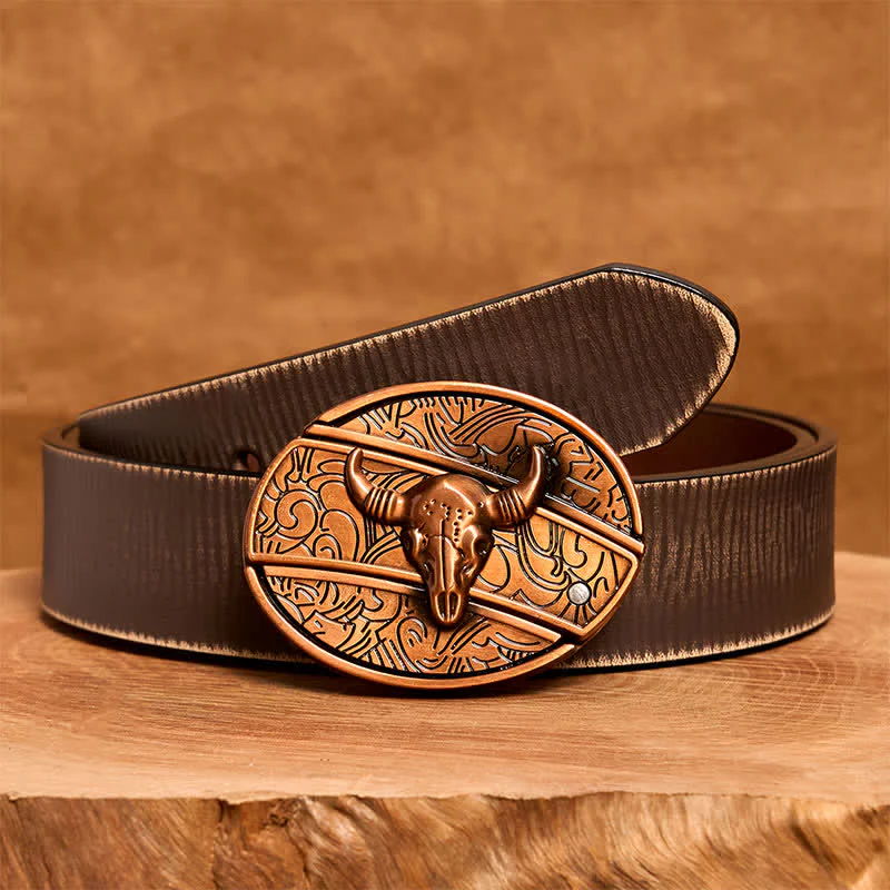 Men's DIY Red Bronze Longhorn Bull Hidden Folding Knife Leather Belt - Image 9
