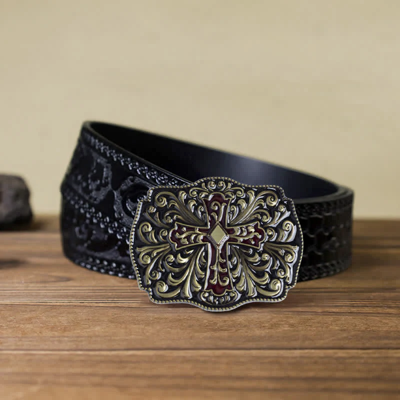 Men's DIY Red Enamel Cross Buckle Leather Belt - Image 16