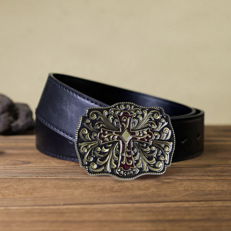 Men's DIY Red Enamel Cross Buckle Leather Belt - Image 7
