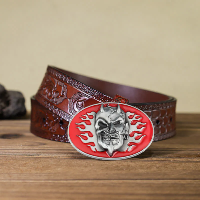 Men's DIY Red Flame Devil Skull Buckle Leather Belt - Image 10