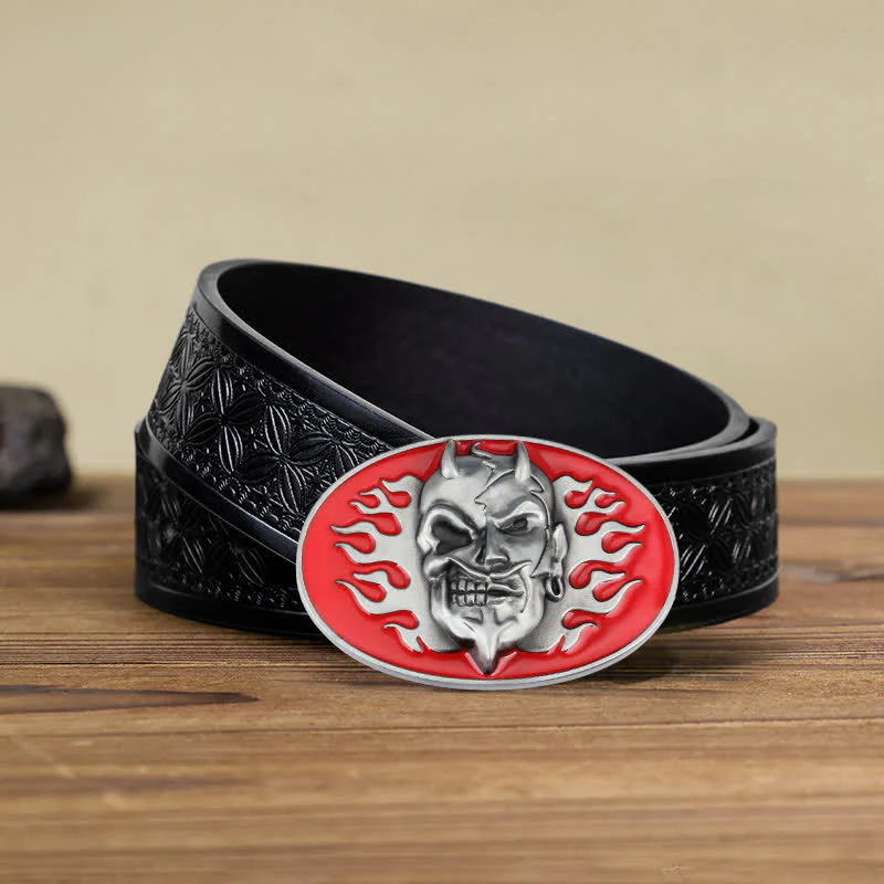 Men's DIY Red Flame Devil Skull Buckle Leather Belt - Image 8